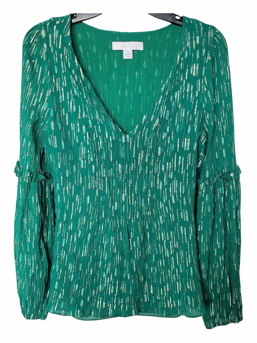 ✅ Lilly Pulitzer Cleme Long Sleeve Top Fiddle Leaf Green Mystical Metallic sz 14 - Picture 2 of 11